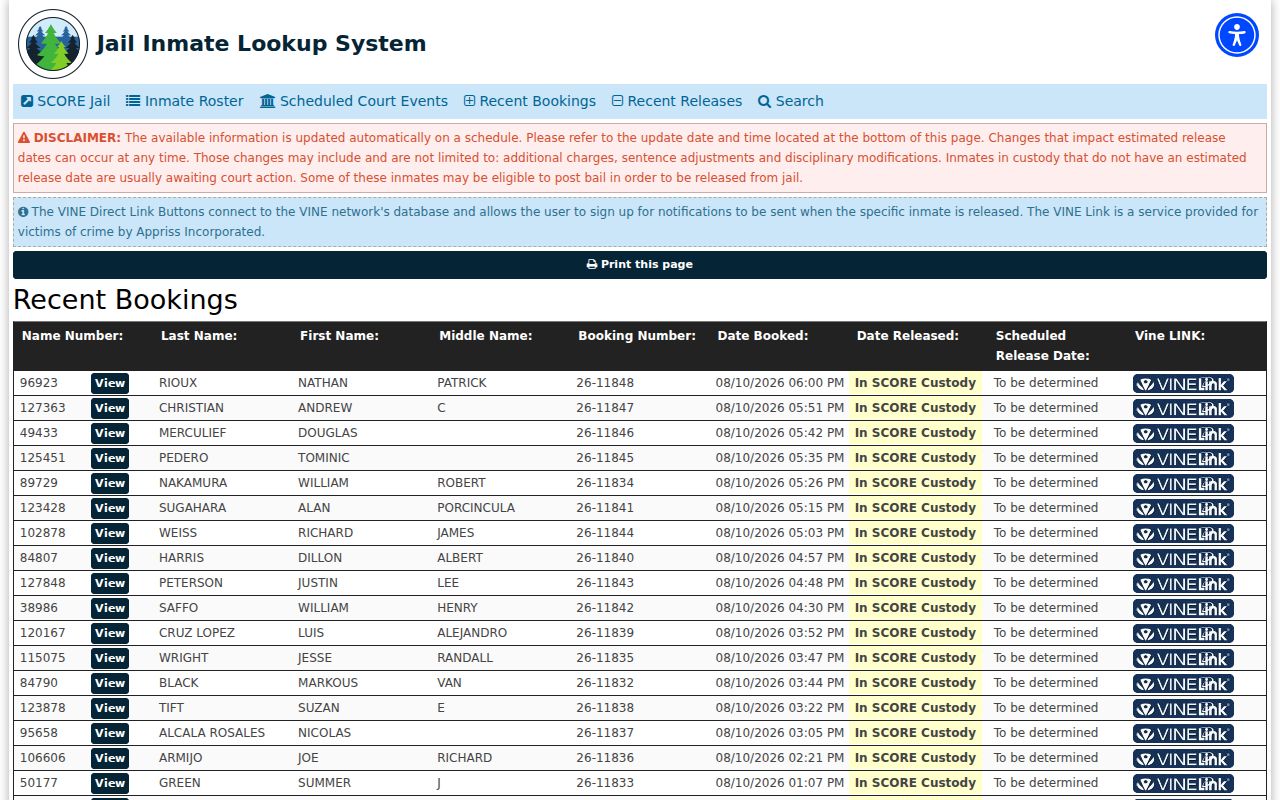 San Juan County recent arrest and SCORE booking log interface